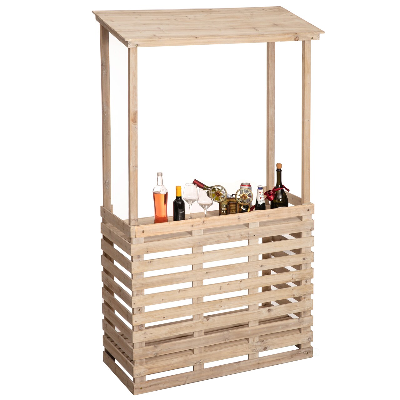 Vintiquewise Multi-Use Wooden Outdoor Bar Counter with Roof - Garden & Patio Serving Station Backyard Drink & Snack Bar Lemonade Stand Event Booth for Home Parties Wedding BBQ & Seasonal CelebrationPatio Bar Table with Roof